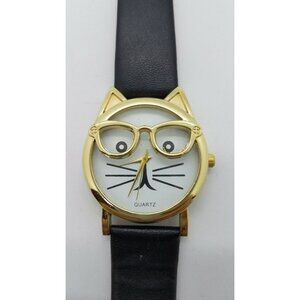 Cat Face Watch with Glasses Two Piece Black Strap Band Woman's White Gold Face